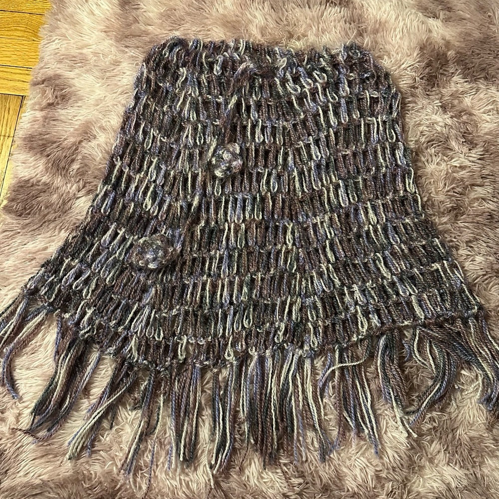 Handmade purple women’s poncho with fringe and flower tie one size